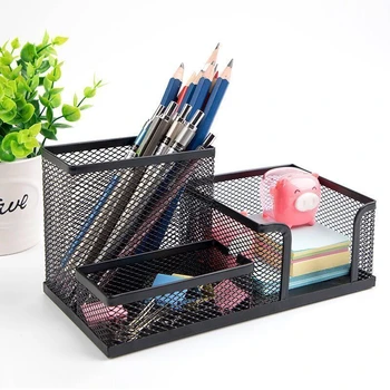 Organizer da scrivania in rete per forniture da ufficio con portapenne e cestini portaoggetti per accessori da scrivania, 3 scomparti, nero