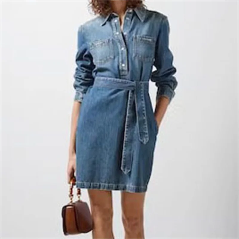 

Модные летние платья, новинка 2024, длинные платья в стиле ретро с рукавами, короткие платья y2k, украшенные поясом, хлопковое джинсовое мини-платье