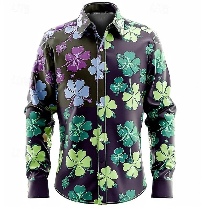 Men's shirt pattern shirt button print long sleeved clothing for daily outings V-neck fashion designer casual and breathable