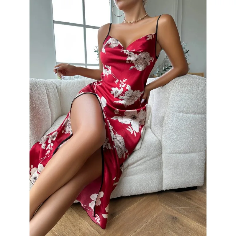 Women's Leopard Print Split Nightdress, Sexy V Neck, Backless, Spaghetti Strap, Sleep Dress, Sleepwear