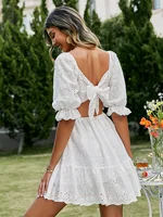 Lace up hollow out knot summer white dress women Holiday casual high waist ruffled mini dresses frills