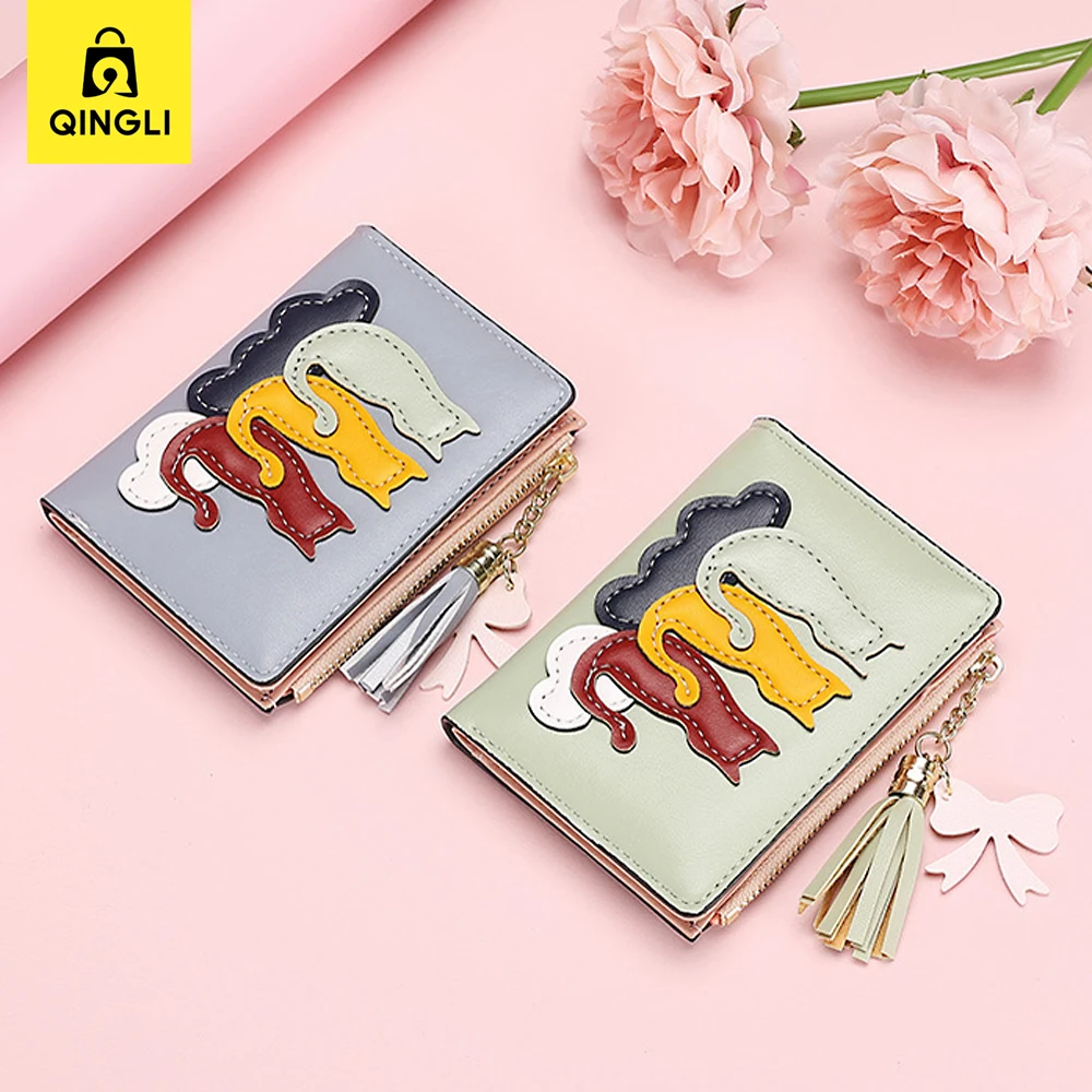 Women's Wallet Fashion Cartoon Three Cats Sewing Leather Purse Zip Coin Pocket Multi Card Holder Slot Wallets