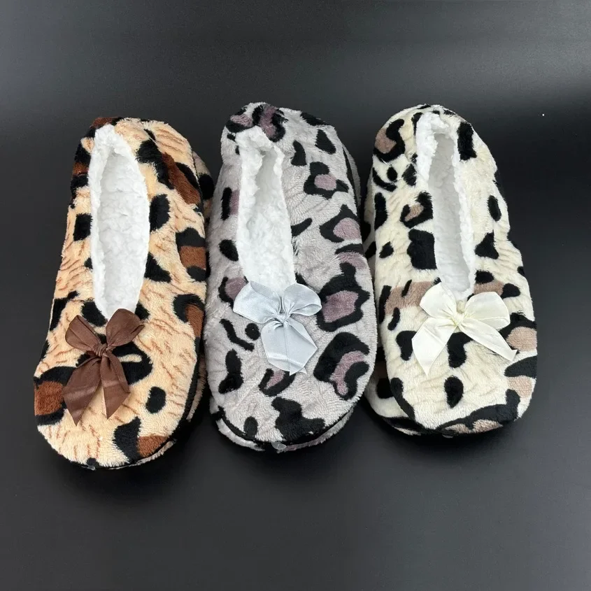 

Home Slipper Women Bow Knot Leopard Winter Warm Fur Plush Anti Skid Grip Cute Funny Indoor House Fluffy Female Floor Shoes