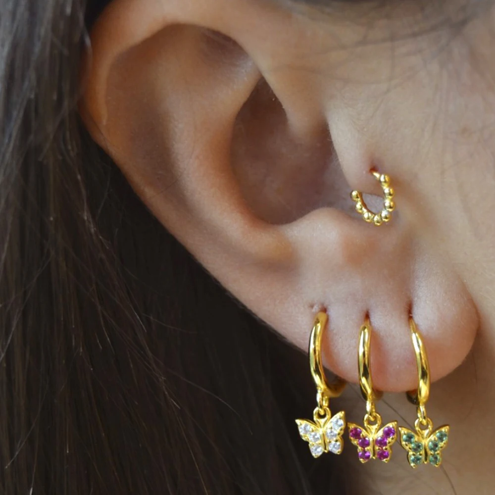 Fashion Minimalist Ins Style Hoop Earring 925 Sterling Silver Colorful Zircon Butterfly Pendant Earring For Women Jewelry