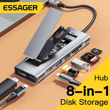 Essager 8-in-1 USB 허브, 디스크 저장 기능, USB C타입-HDMI 호환, 노트북 도킹 스테이션, 맥북 프로 에어 M1 M2