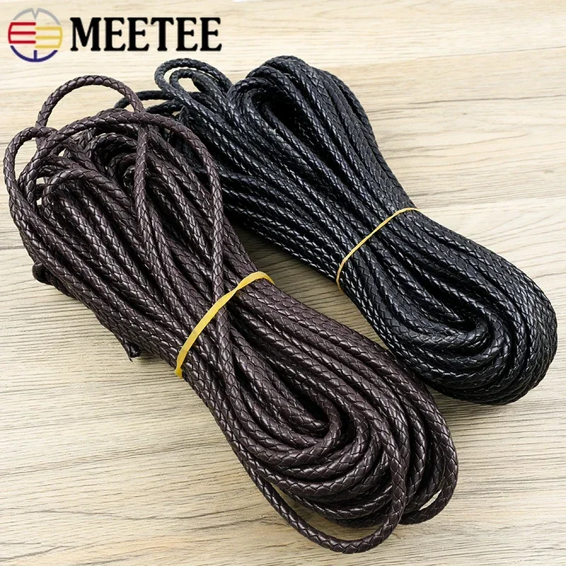 PU Leather Braided Cord Round Rope DIY Jewelry Making Keychain Bracelet Craft Supplies 5Meters 3-10mm Black Coffee Macrame