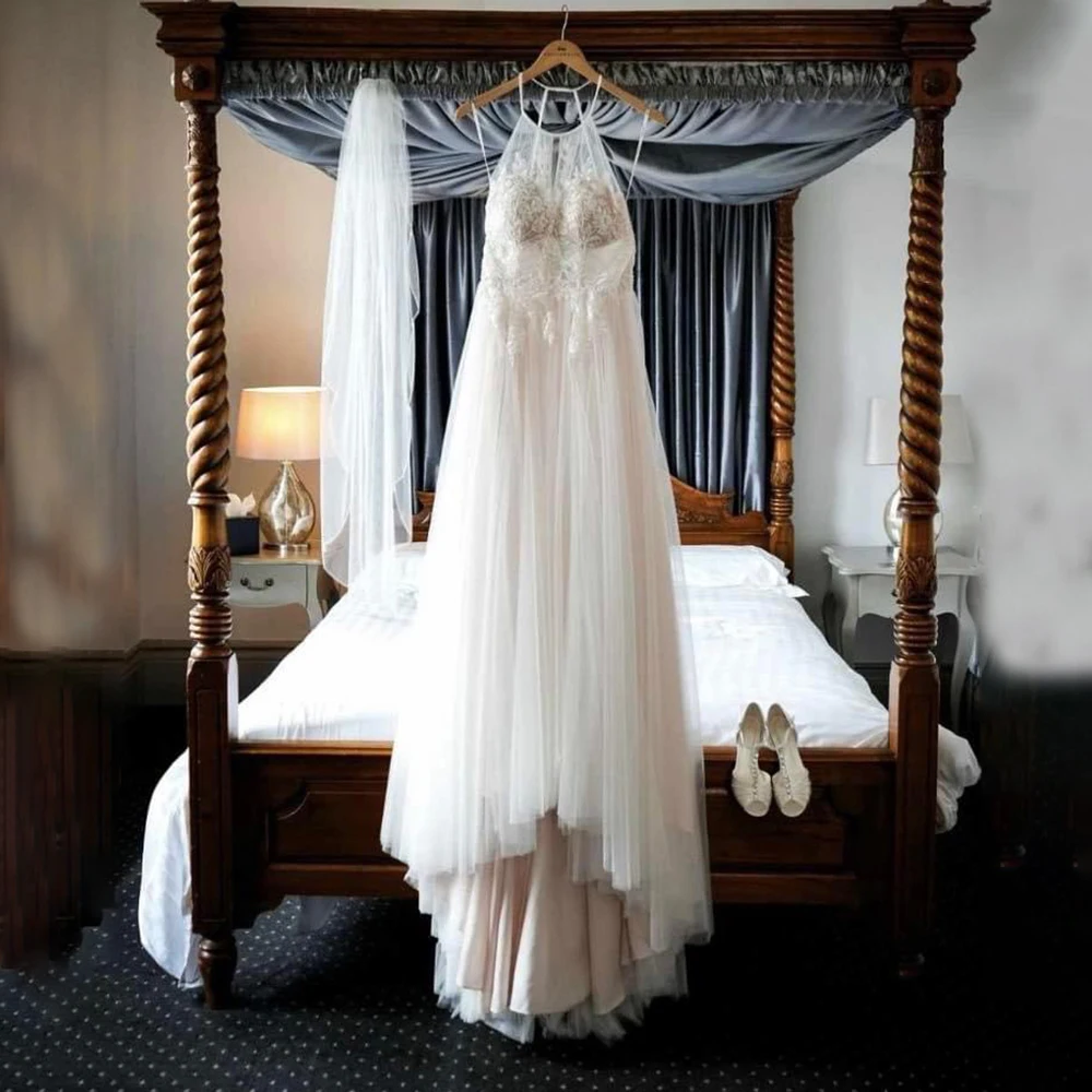 MULONG Exquisite Robe De Mariée A-line Illusion Halter Backless Applliques Lace Chiffon Wedding Dress Pleated Vestidos De Novia