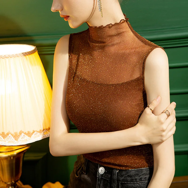 

High Quality 2024 Women Tops Shiner Sleeveless T-shirt Female Clothing Winter Autumn Sexy Crop Top Clothes Casual Blouse Y2k