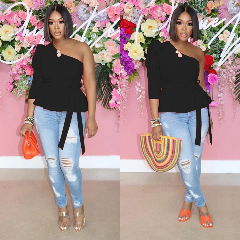 

Elegant One Shoulder Blouse Women Spring Solid Puff Long Sleeve Top 4Xl Streetwear Skew Collar Blouses for Women Fashion 2022