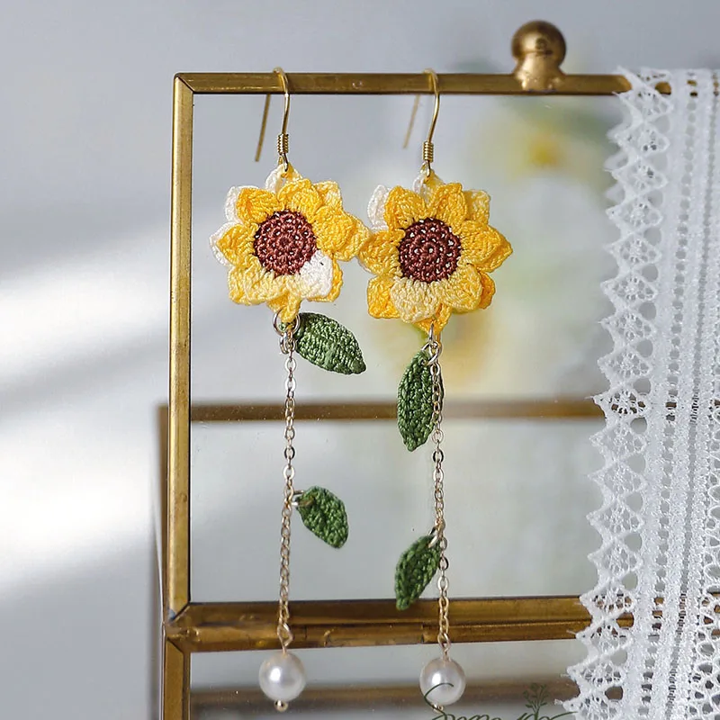 Nature-Inspired Handmade Micro-Crochet Sunflower Dangle Drop Earring for Women Summer Crochet Sunflower Earring - AliExpress