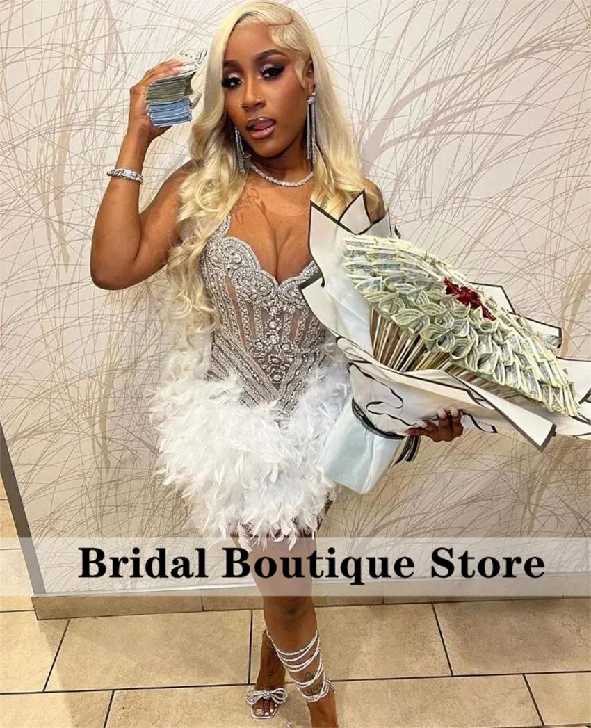 

Sexy Glitter Diamonds Short Prom Dresses 2023 Sparkly Beading Crystal Rhinestones Feathers Birthday Cocktail Party Homecoming