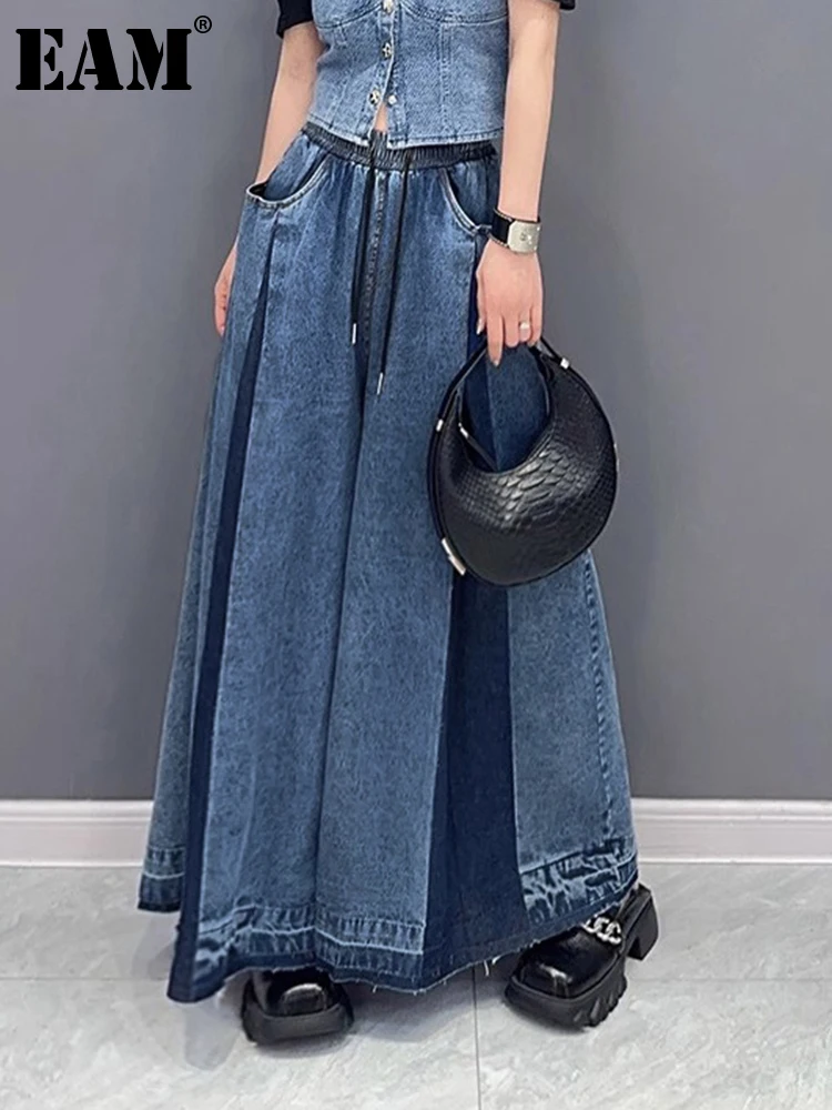 [EAM] High Waist Blue Denim Pleated Long Wide Leg Jeans New Loose Women Trousers Fashion Tide Spring Autumn 2026 1DH0520