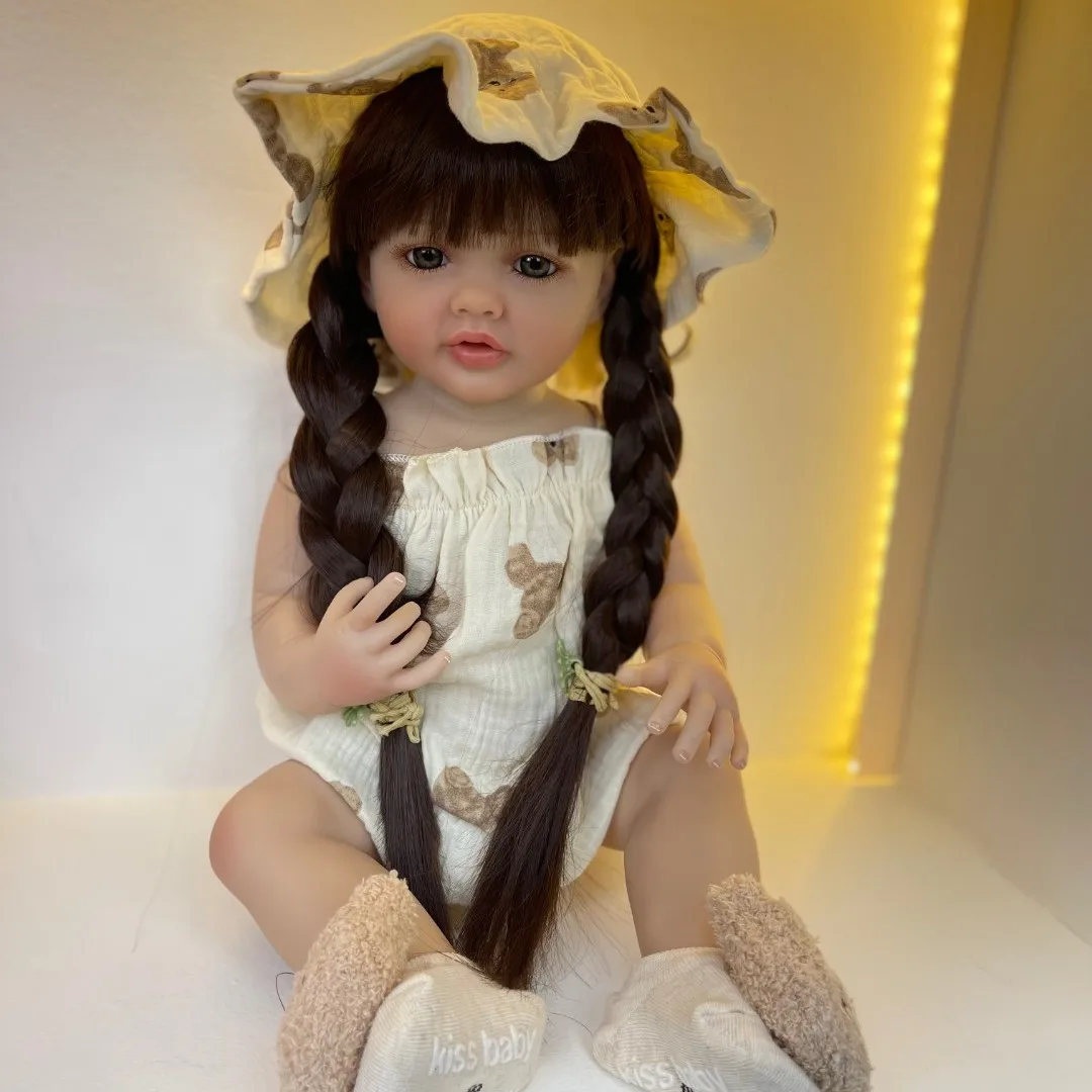 BZDOLL Realistic Lifelike Full Silicone Body Reborn Baby Girl Doll 55 CM 22inch Toy Princess Toddler Bebe with Brown Long Hair 5