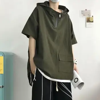 남성용 반팔 후드 스웻셔츠, 솔리드 루즈 지퍼, 지퍼 업 포켓 힙합, 하라주쿠 후드, 풀오버, 여름 패션