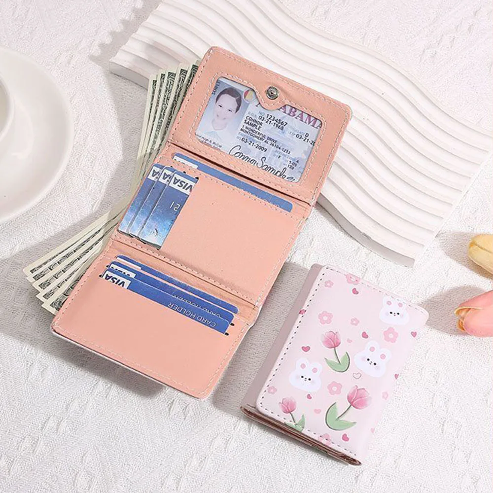 Fashion Cute Bunny Tulip Wallets Rabbit Flower Print Purses Women Pu Leather Short Coin Purse Sweet Card Clip Bag Short Card Bag 2