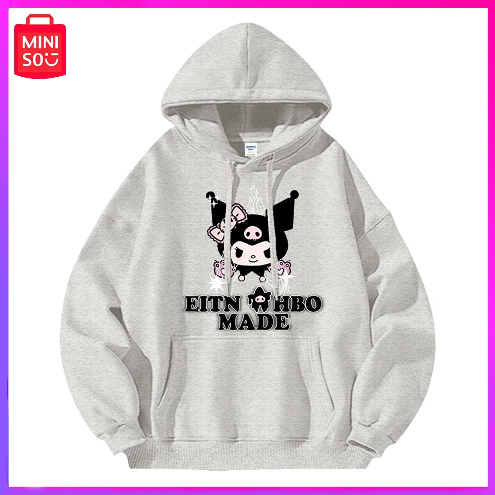 

2023 Miniso Sanrio Kuromi New Autumn Winter Velvet and Thick Silver Fox Fleece Hoodie Casual Preppy Top Pink Christmas Girl Gift