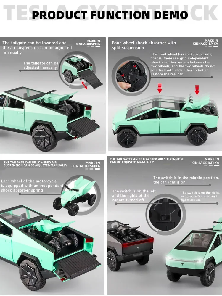1:24 Tesla Cyberpunk Pickup Truck Model Alloy Simulation Sound And Light Pull Back Off-Road Vehicle Boys Collection Decoration 5