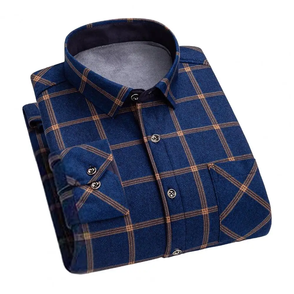 

Men Winter Shirt Plaid Print Men's Cardigan Shirt with Turn-down Collar Long Sleeve Casual Mid Length Top for Fall Spring Winter
