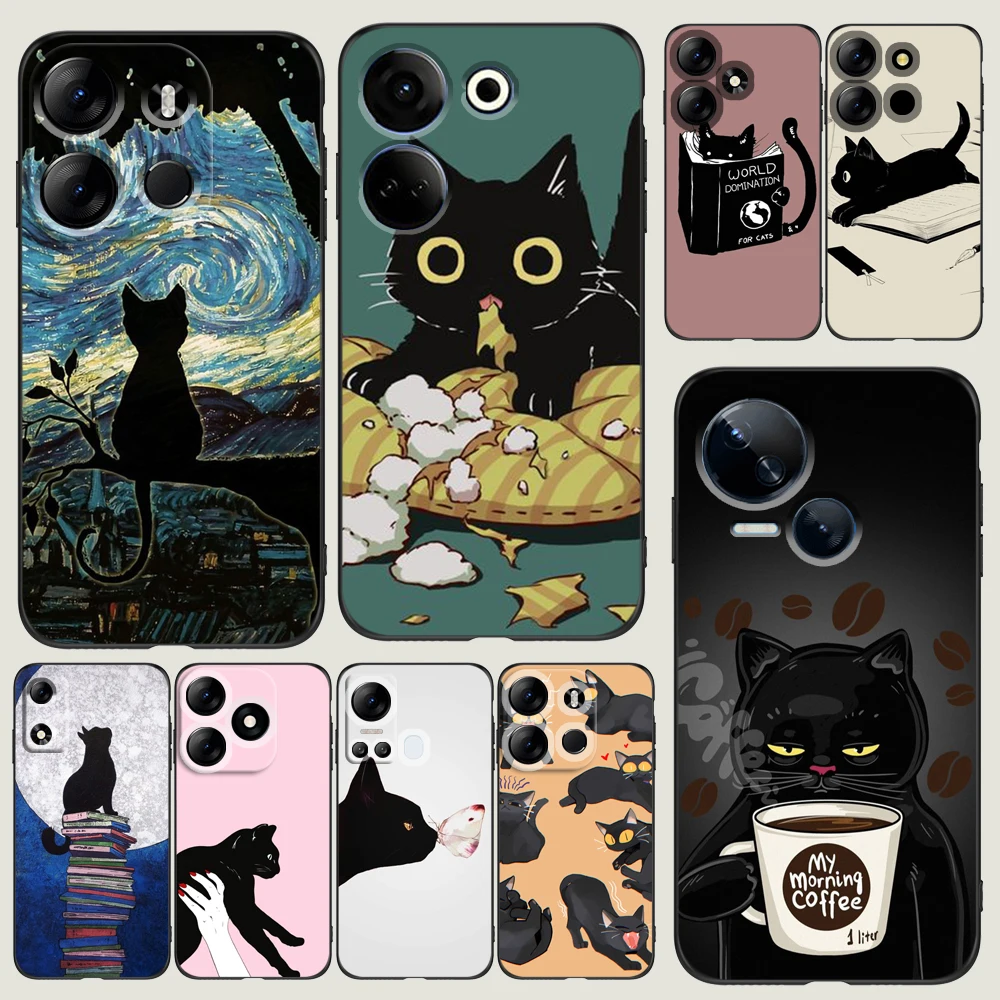 Custodia In Tpu Nero Per Tecno Spark Go 10 Pro 10C Camon 20 Pro Pop7 6C Pova5 Cover Cartoon Black Cat