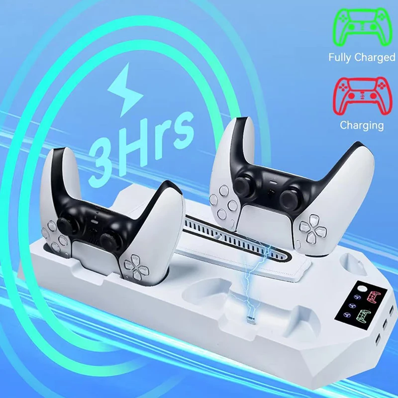PS5/PS5 슬림/PS5 프로 콘솔용 듀얼 컨트롤러 충전 독이 있는 수직 쿨링 스탠드