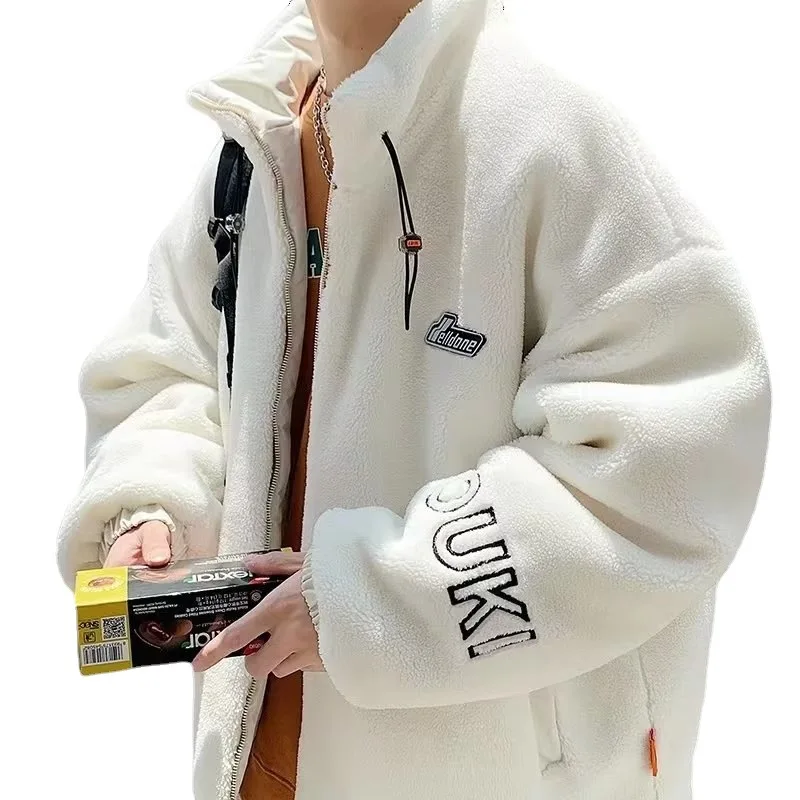 Lamb Cashmere Cotton Coat Men's Winter 2022 New Loose Fashion Coat Hong Kong Fashion Label Stand Neck Drawstring Cotton Coat