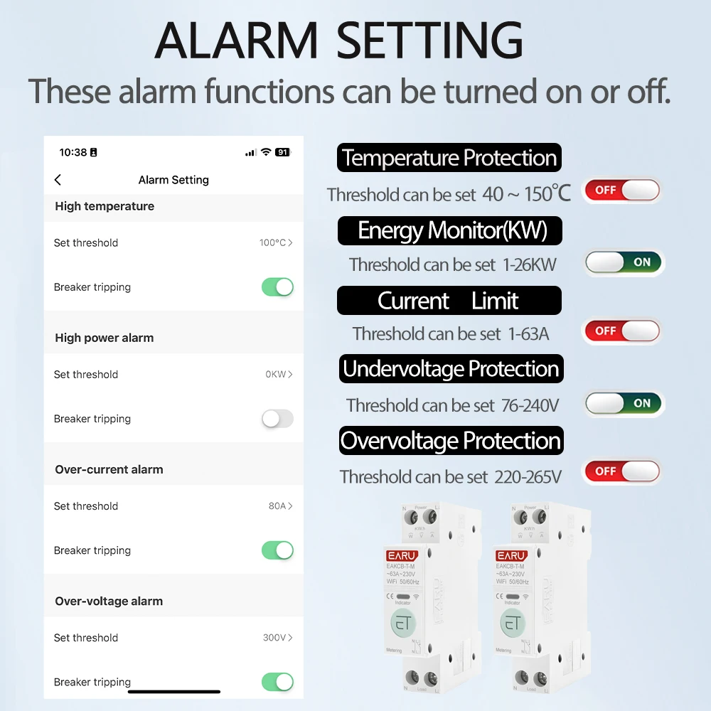 Tuya wifi smart leistungs schalter mcb 1p n 63a timer leistung energie kwh spannungs stromzähler schutz sprach fernbedienung schalter