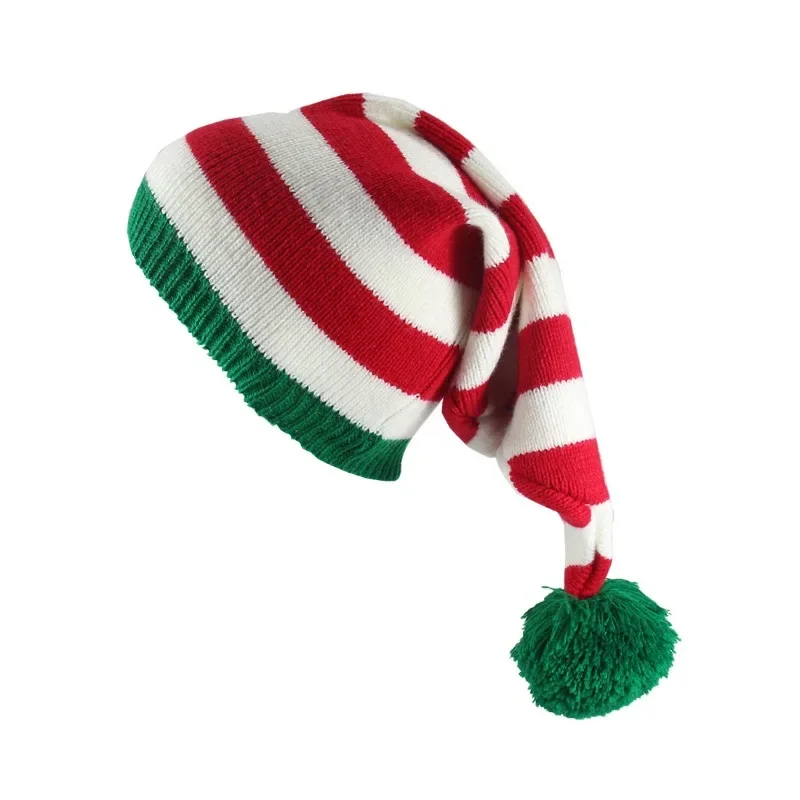 Adult Stripe Long Christmas Hat Soft Red White Green Pom Pom Knitted Hats For Women Men Elastic Warm Beanie New Year Party Gift