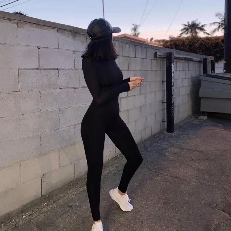 Sexy Black Jumpsuits Women New Autumn Long Sleeve Solid Bodycon Sports Rompers Female Streetwear Casual Skinny Fashion Overall