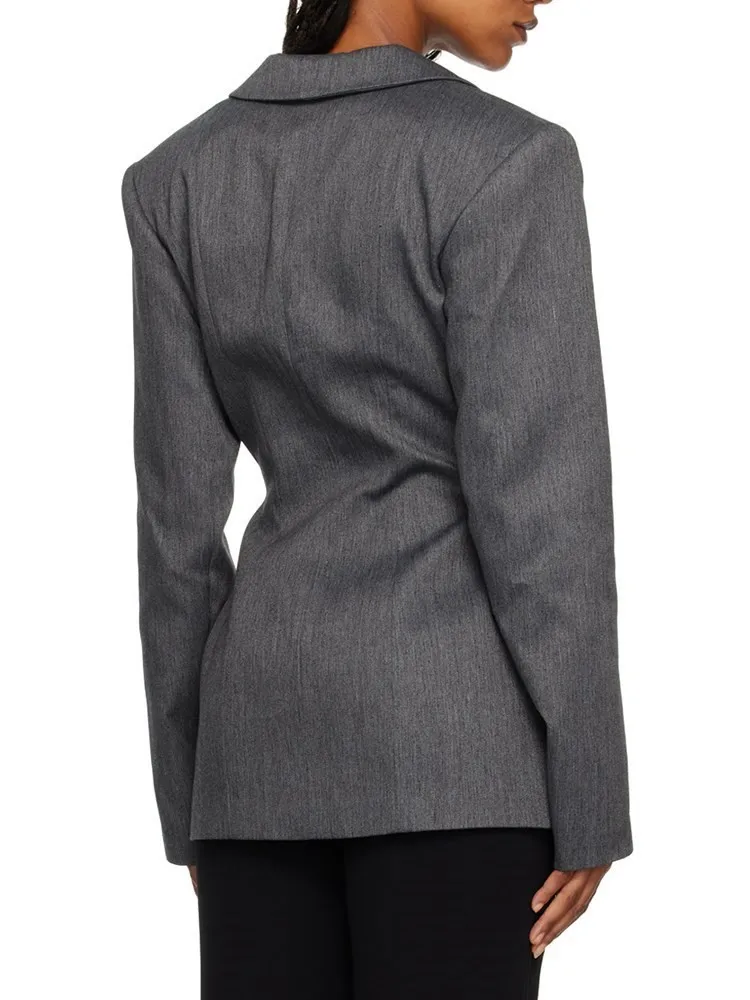 KBQ Patchwork Lace Up Hollow Out Blazers For Women Notched Collar Long Sleeve Irregular Advanced Temperament Blazer Female Style