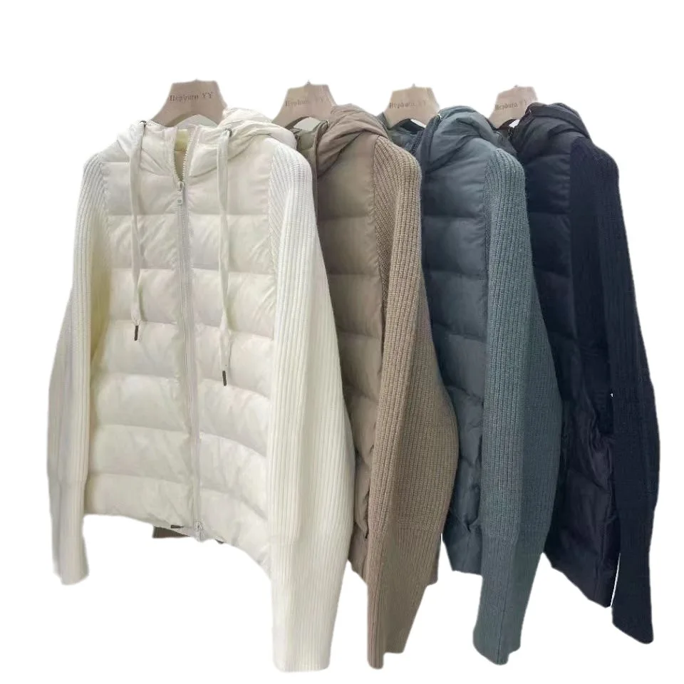 

2023 Women Autumn Winter Down Jacket Wool Knitted Hooded Sweater 90% Duck Fillers Patchwork Parka Coat Casual Striped Outerwear