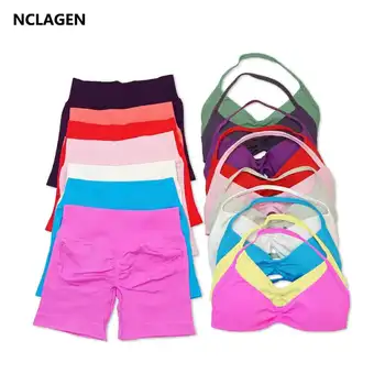 NCLAGEN Ensemble de yoga 2 piĂšces pour femme, vĂȘtements de sport, soutien-gorge Ă bretelles et short, vĂȘtements de pilates, tenue de sport, costume de fitness