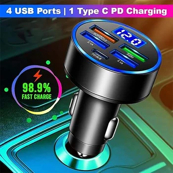Caricabatterie per Auto Universale 5 Porte QC 3.0 con 4 Porte USB e 1 Porta Tipo C, Adatto per 12-24V, per iPhone e Telefoni
