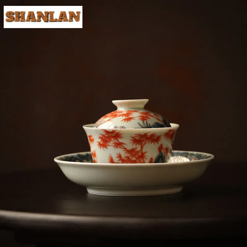 125ml Ancient Blue Glazed Handmade Cover Bowl Set Household Hand-painted Red Bamboo Gaiwan Vintage Tea Tureen Tea Maker Gift