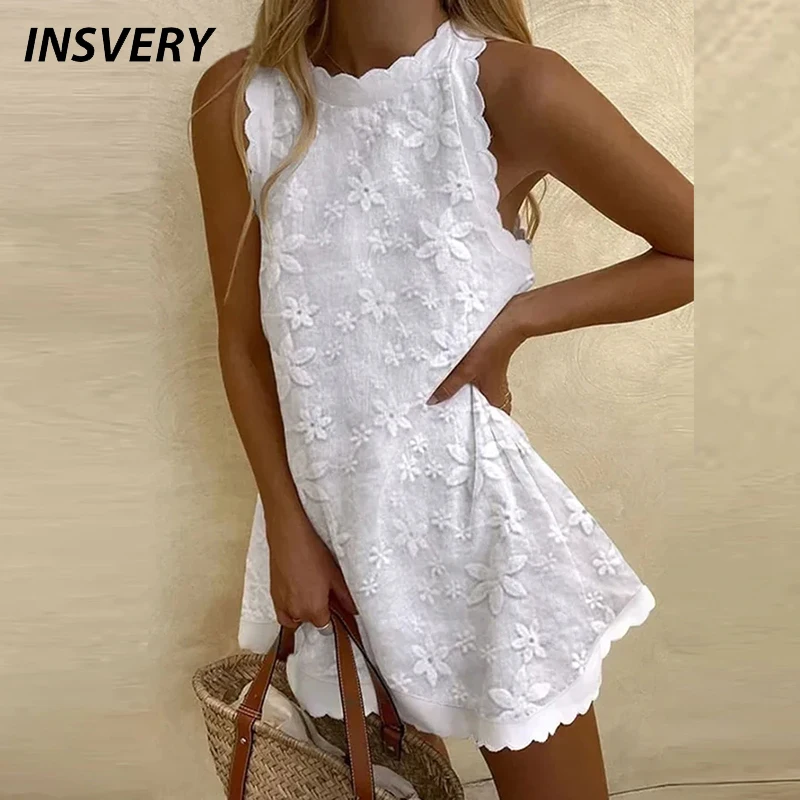 

Summer Casual Mini Dress Women O Neck Flower Lace Design Sleeveless Beach Holiday Dresses For Women Party Dress White