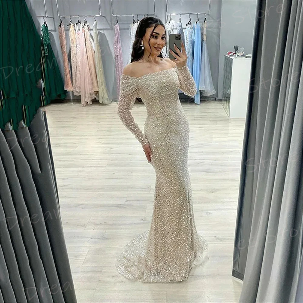 

New Fascinating Women's Mermaid Modern Evening Dresses Sexy Off The Shoulder Prom Gowns Long Sleeve Shiny Robe De Soiree Femmes