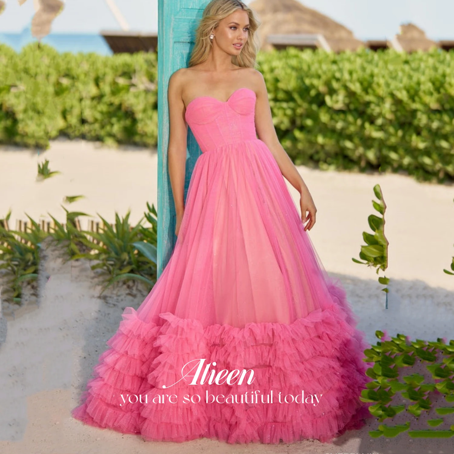 

Layered Party Dress for Wedding Guest Dresses for Women Mesh Aileen Cocktail of Dresses Ball Gown Line A Strapless Rose Red Prom