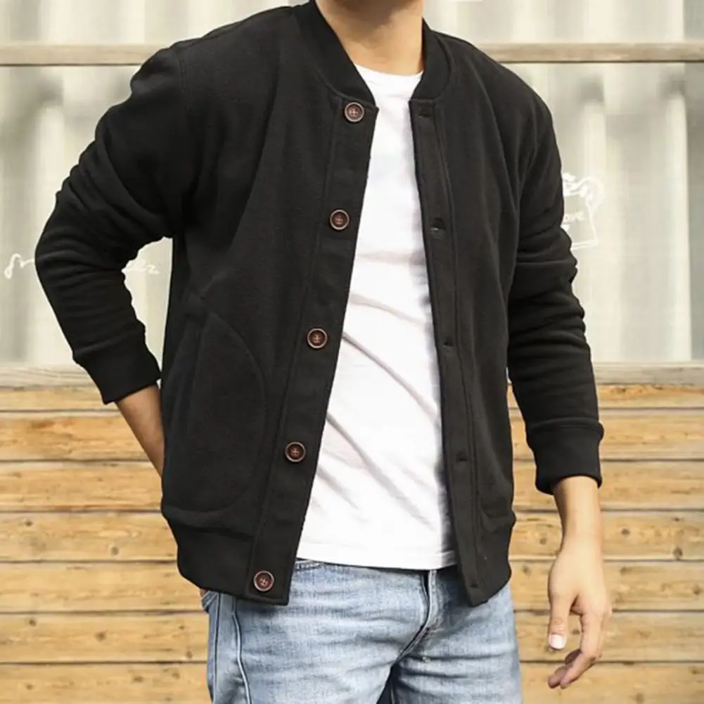 

Мужская двухсторонняя флисовая куртка-бомбер, однотонная мужская куртка, однобортная бейсбольная куртка с защитой от холода и ребристыми манжетами