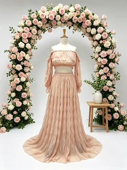 Abiti premaman in chiffon rosa pallido plissettato per baby shower, set due pezzi, abito premaman bohémien per servizio fotografico