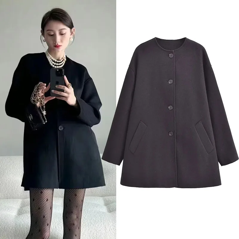 

TRAF Black Loose Women's Coats Fall Round Collar Thicken Jackets Elegant Vintage Long Sleeves Female Crop Coat Chic Warm Outwear