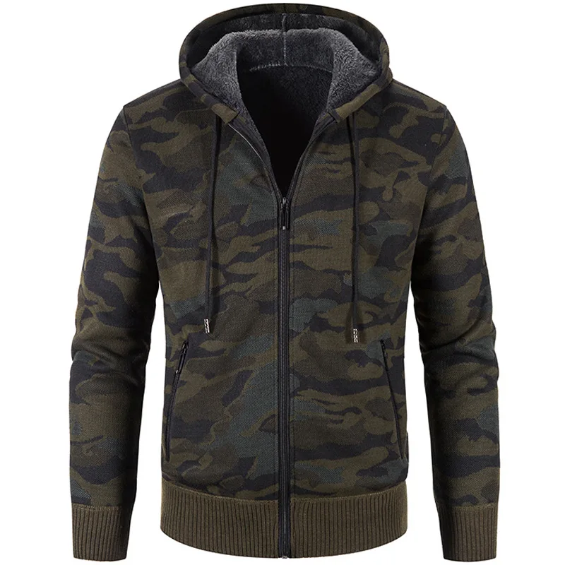 Knitted Jacket Men's Korean Autumn and Winter Plush and Thickened Outerwear Camouflage Trend Sweater Upper garment Men's Cardiga
