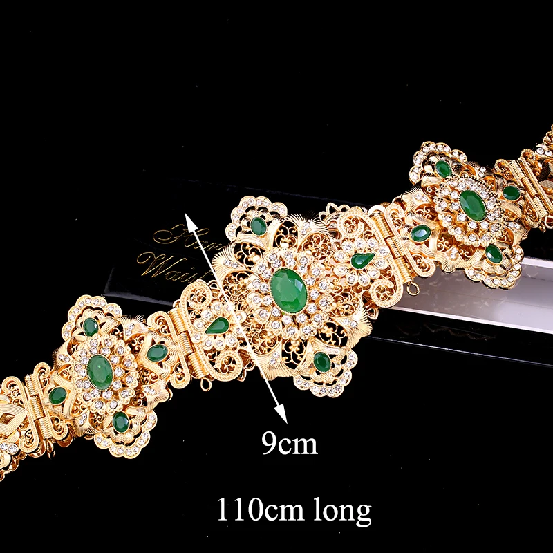 Green Rhinesotne Caftan Wedding Belts Gold Plated Long Chain Body Jewelr for Women Middle East Birdal Accessory Luxury Bijoux