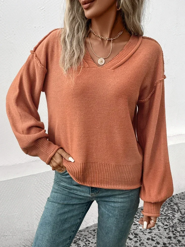 

Fashion Women Solid Color Sweaters Patchwork Design V-Neck Long Sleeve Autumn Winter Casual Loose Pullovers Top