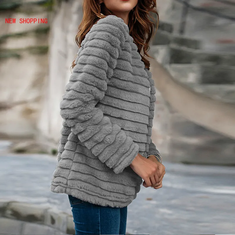  New Women Soft Rabbit Fur Coat Autumn Long Sleeve Windbreaker Quality Thick Jackets Plus Size Slim Winter Fur Jacket Gray