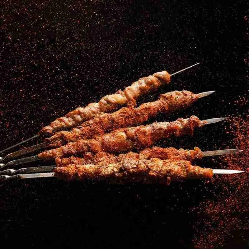 10/50/100pcs Bbq Utensils Steel Barbecue Sign Lamb Skewers Iron Sign Roasting Needle Flat Roasted Skewers Meat Brazier Tools