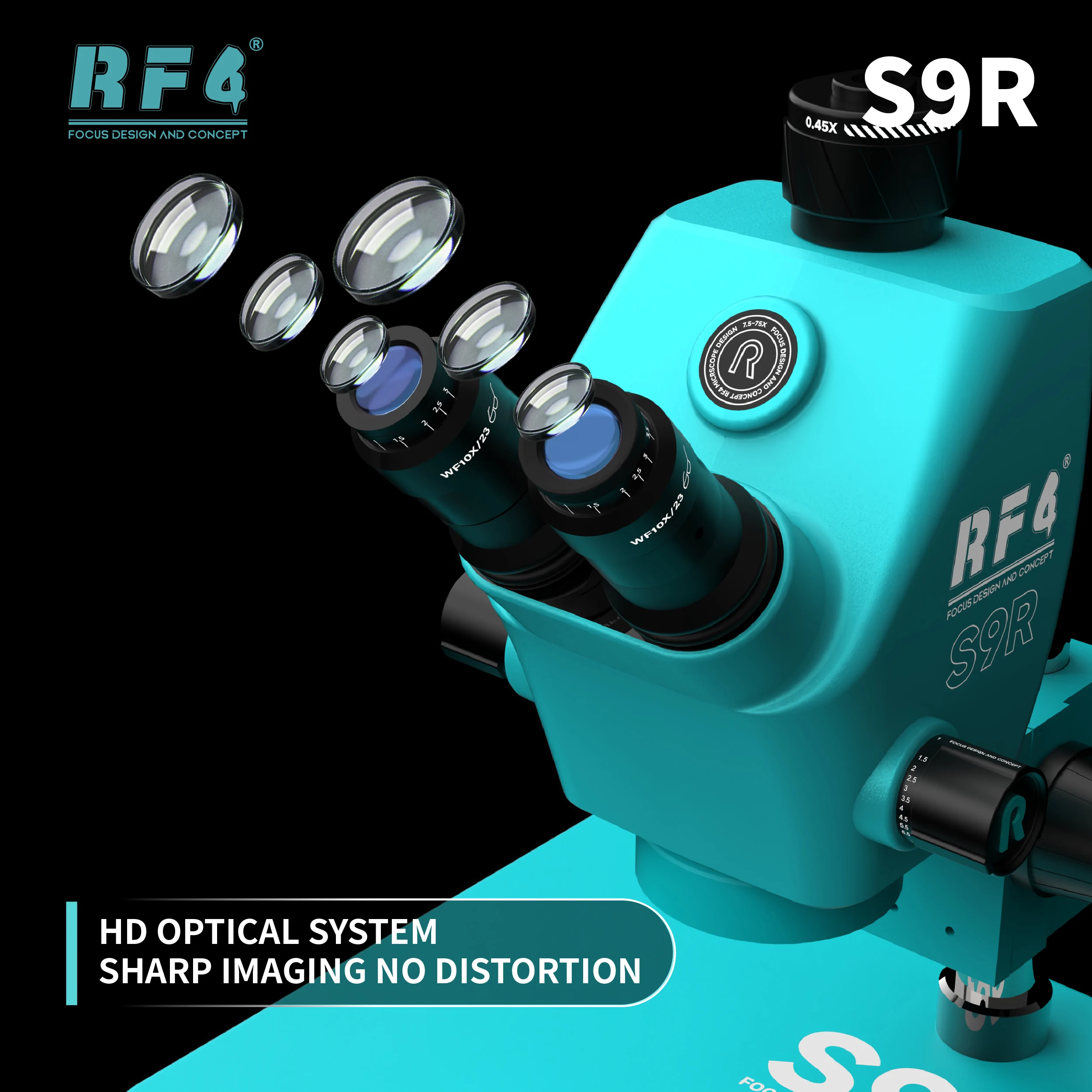 RF4 S9R Trinocular Stereo Microscope 7-74X 5 RF4 S9R Trinocular Stereo Microscope 7-74X 5