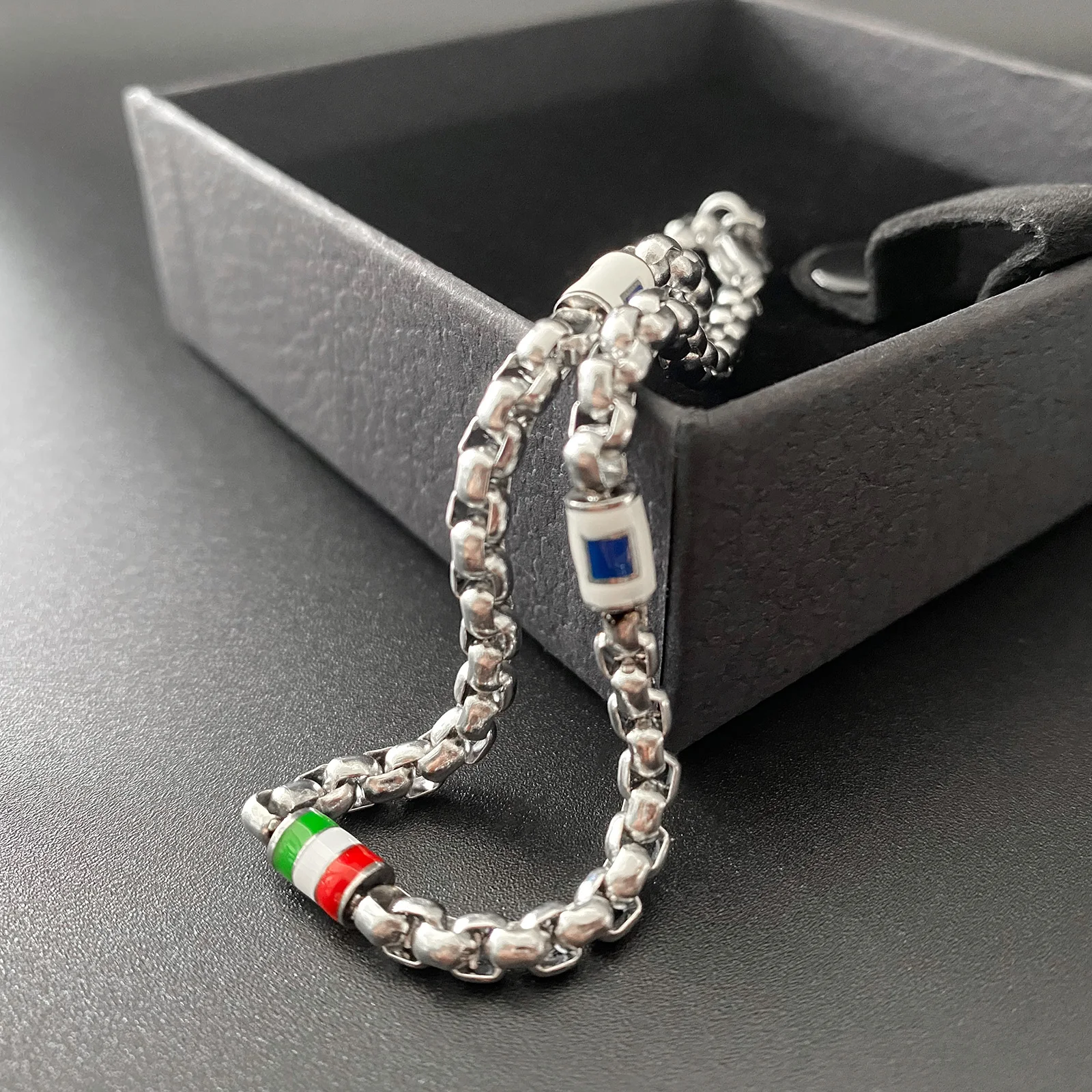 Runda Men's Stainless Steel Bracelet  Link Chain 4mm with Flag Pendant 22cm Fashion Jewelry  Bracelet Luxury Brand for Men