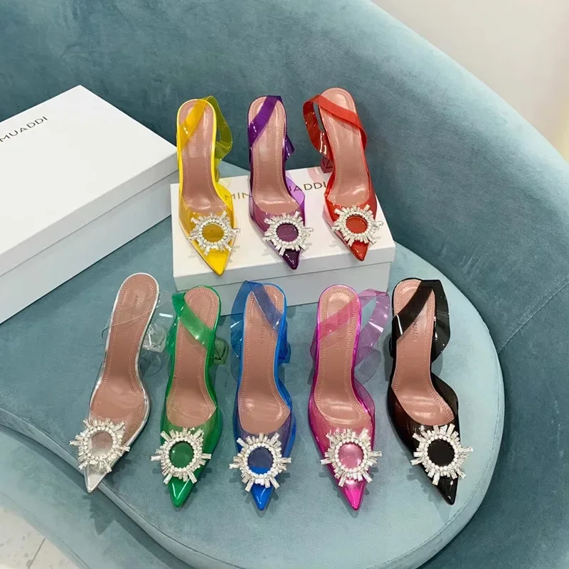 

Amina Muaddi Begum Glass Pointed Toe Slingback Pump Rosie PVC Glass Bow Women's Sandals Sunflower Rhinestone Heels Wedding Shoes