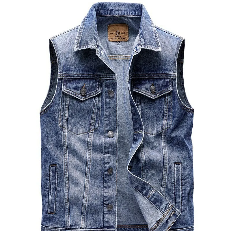 Gilet denim vintage homme 2025 - Veste sans manches en coton pure à multiples poches taille asiatique 4XL