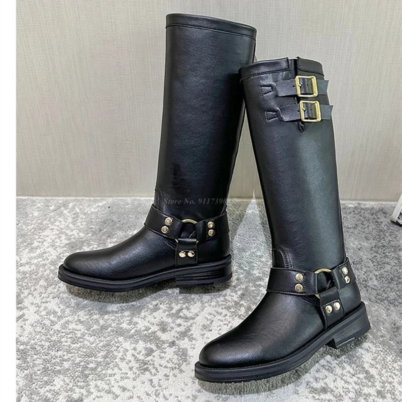 Botas-largas-de-cuero-negro-para-mujer-zapatos-de-piel-de-oveja-con ...