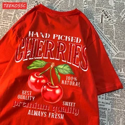 Women's Oversized Cherry Print Cotton T-Shirt - Soft Crewneck Streetwear Top - S (Red)